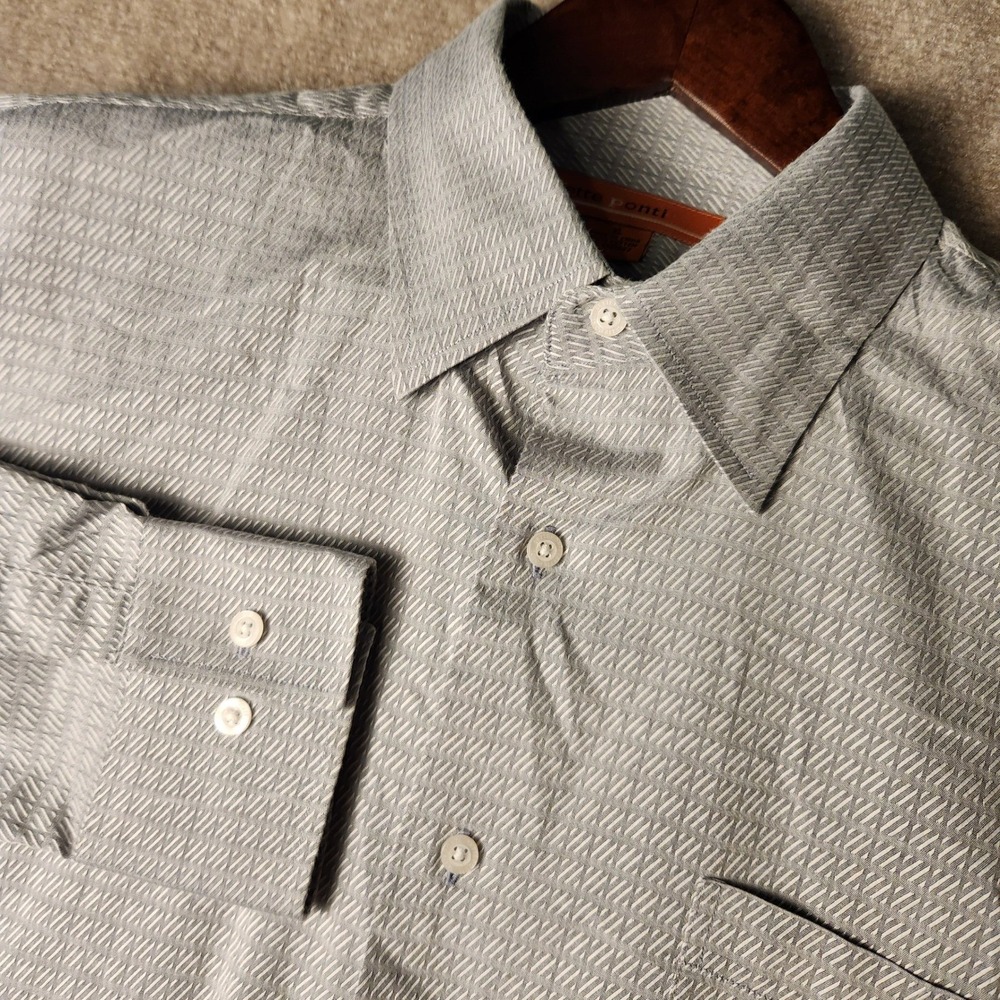 Sette Ponti Button Down Shirt Mens XL Grey White Textured Geometric Cotton Long